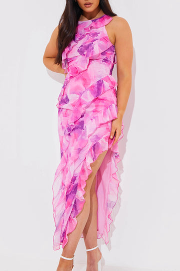 Abstract Floral Frill Detail Maxi Dress